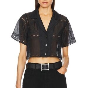 Helsa Handkerchief Camp Eyelet Patchwork Sheer Collar Polo Blouse Top Black